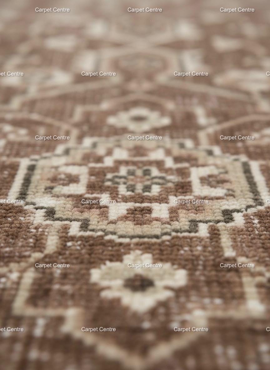 Handknotted Oushak Wool Rug: Distressed Brown Beige Geometric