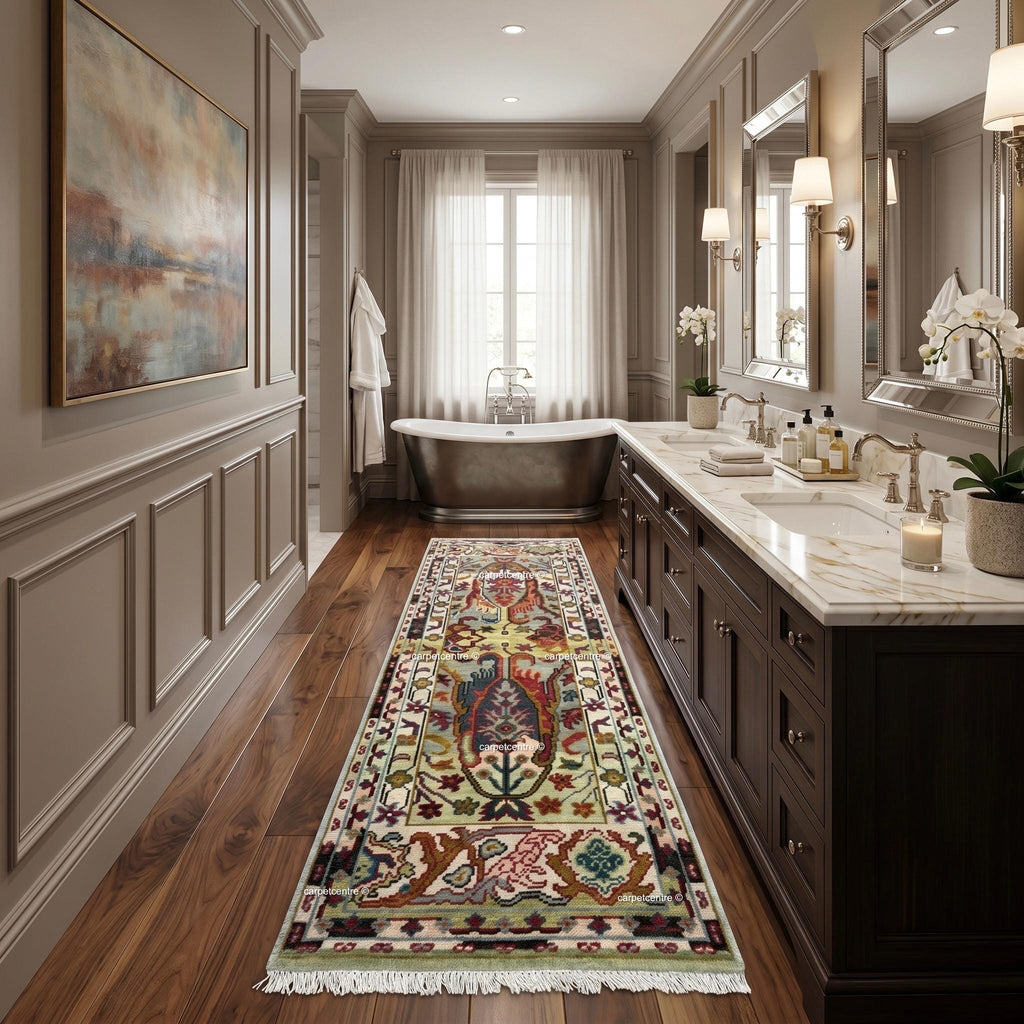 Unique Hand Knotted Oushak Runner Rug, Chinoiserie Botanical Wool Hallway-Entryway-Bathroom, Turkish Knot Kitchen Runner