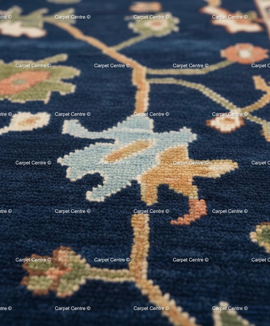 Navy Blue Wool Oushak Rug, Hand-Knotted Turkish Knot, William Morris Style