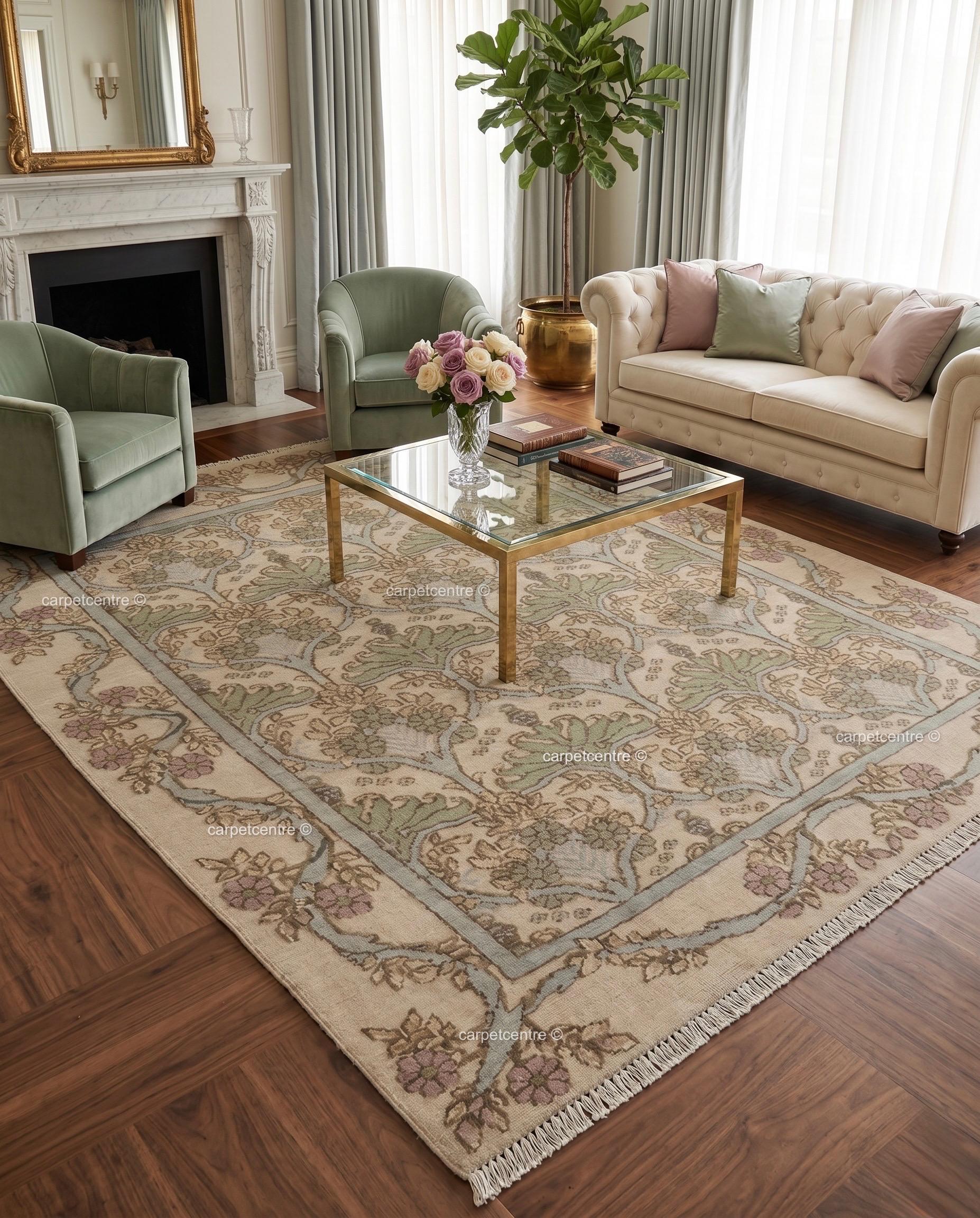 Muted Floral Botanical Oushak Rug | Sage Green Beige Wool Carpet | French Country Cottagecore Home