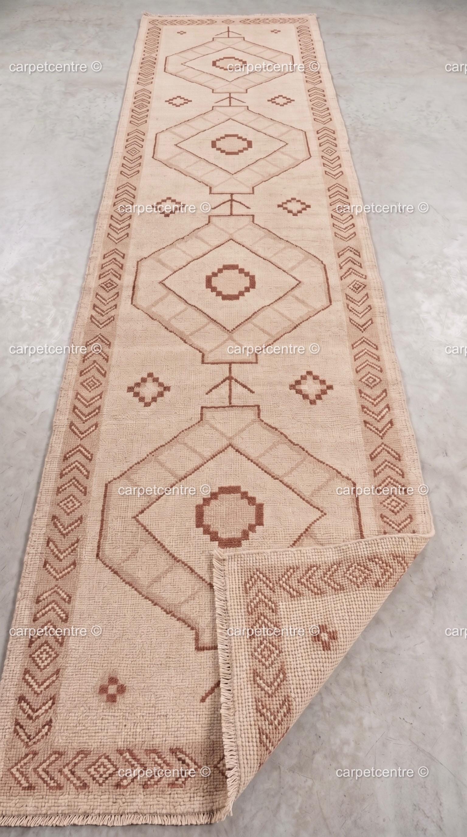 Hand-Knotted Wool Oushak Runner Rug, Geometric Medallion Hallway Carpet 3x10