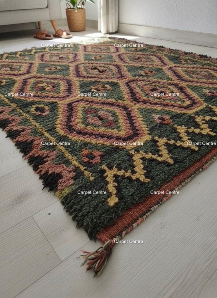 Green Moroccan Shag Rug, Hand-Knotted Wool, Geometric Diamond, Tulu Style