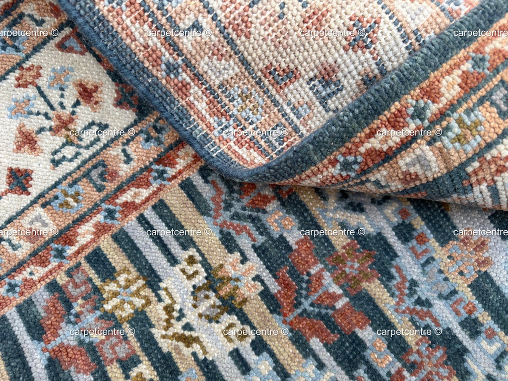 Hand Knotted Wool Oushak Rug, Teal Blue Rust Tribal Geometric (8'x10')