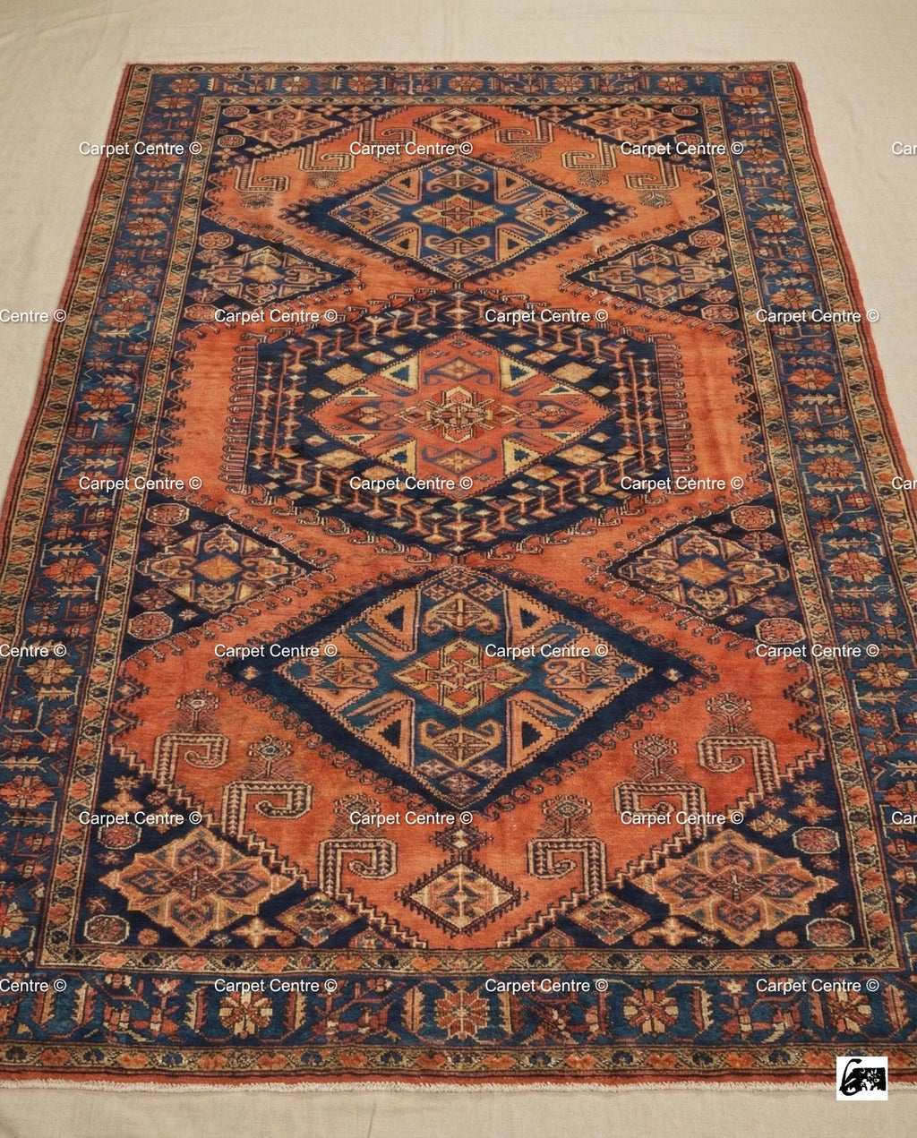 Terracotta Oushak Wool Rug, Rust Orange & Navy Blue, Hand Knotted