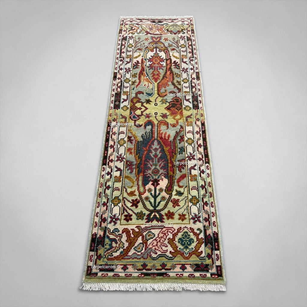 Unique Hand Knotted Oushak Runner Rug, Chinoiserie Botanical Wool Hallway-Entryway-Bathroom, Turkish Knot Kitchen Runner