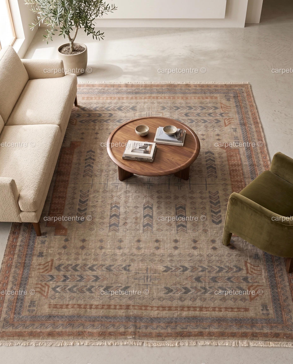 Hand Knotted Wool Oushak Rug | Geometric Tribal Boho Living Room Decor