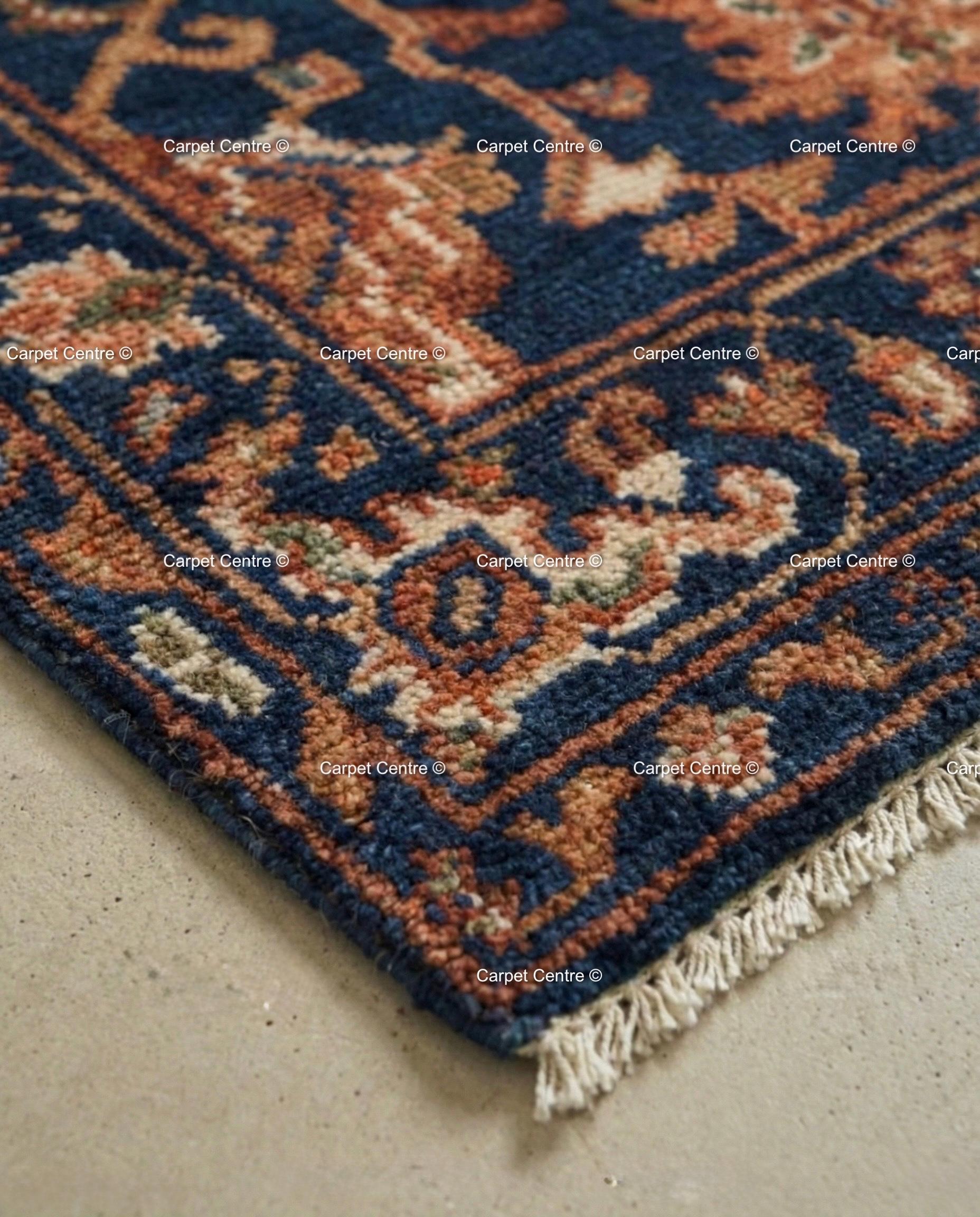 Hand Knotted Navy Blue Oushak Wool Rug, Rustic Floral Entryway Mat