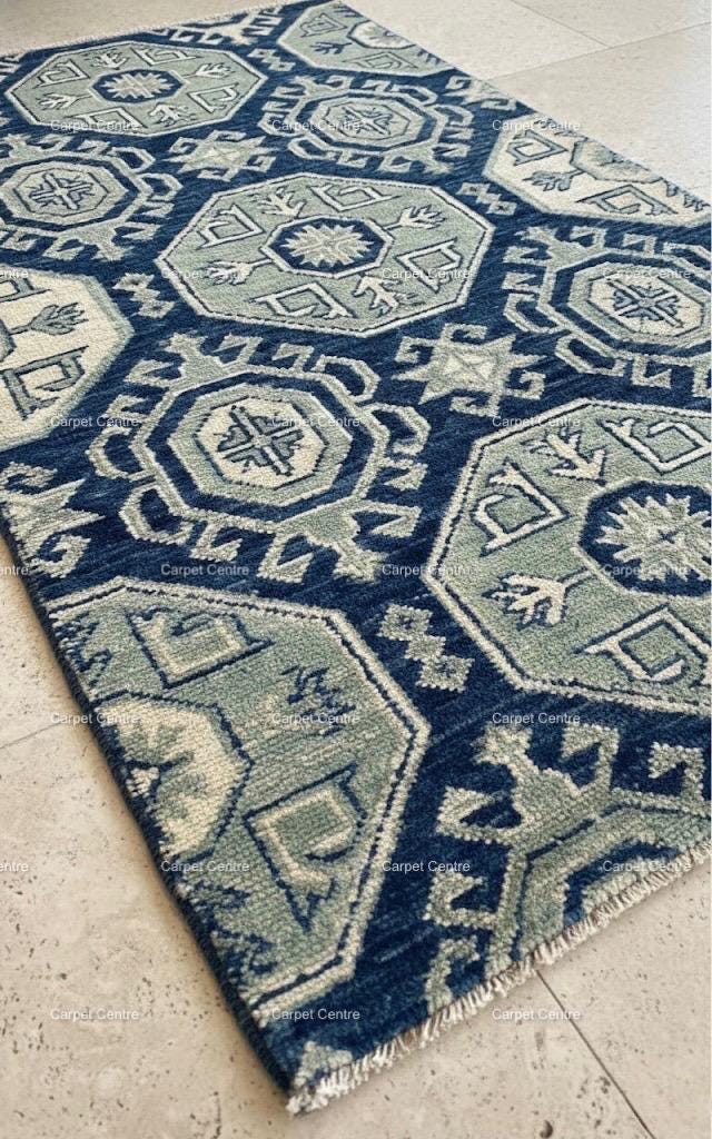 Navy Blue Turkish Oushak Wool Runner Rug, Gray Medallion
