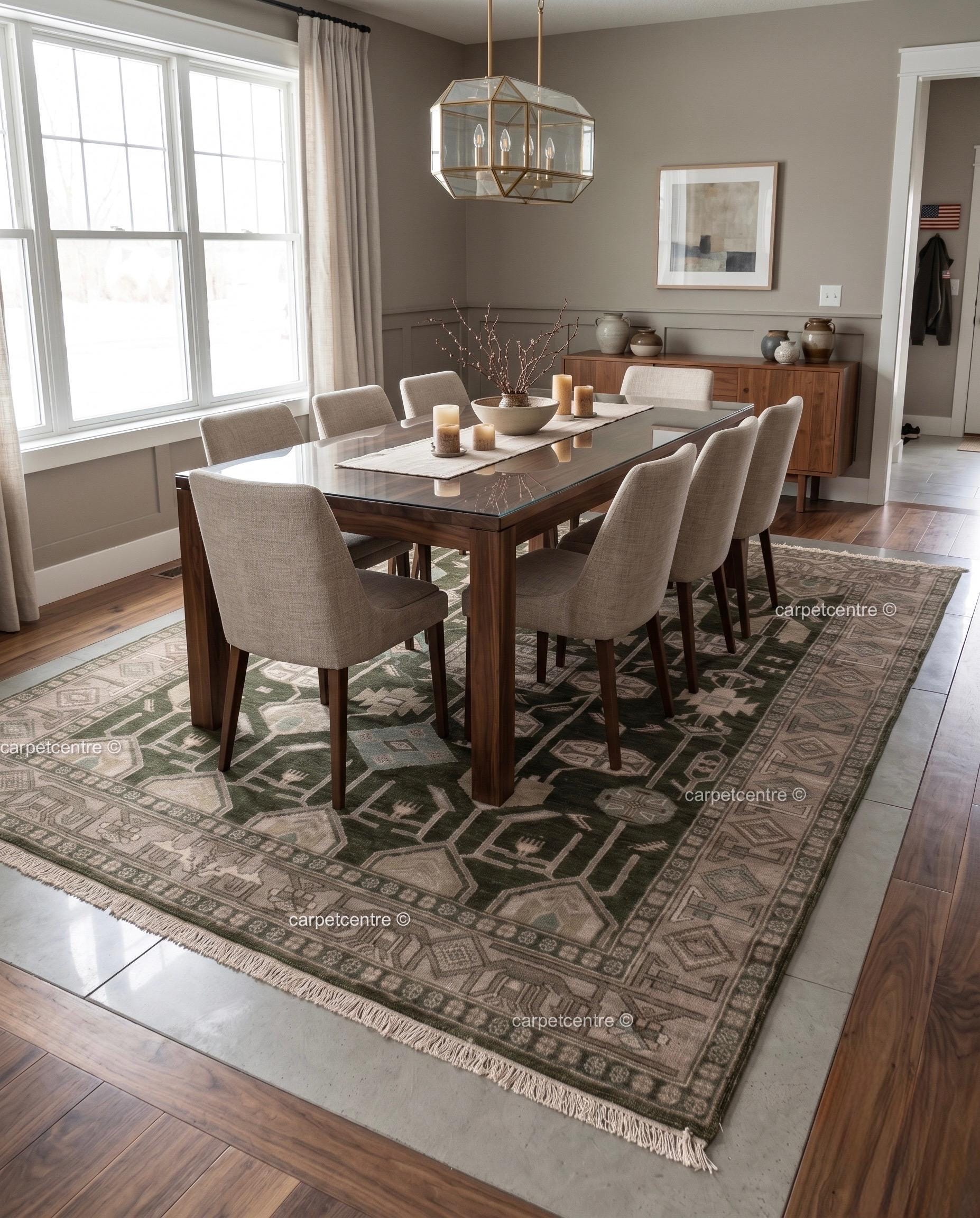Hand Knotted Oushak Rug, Olive Green Wool, Geometric Tribal Anatolian Carpet