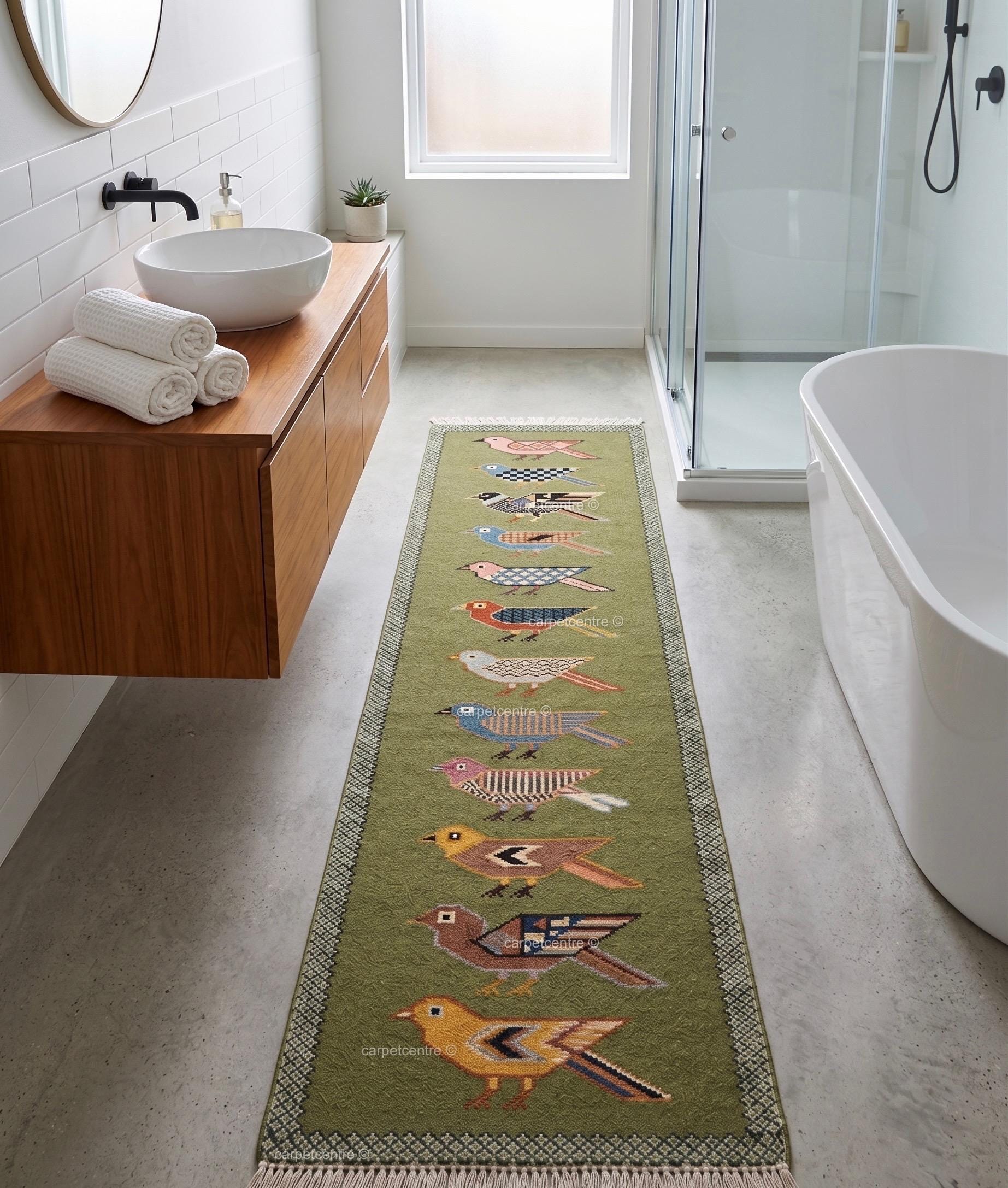 Handmade Wool Folk Art Bird Runner Rug, Green Hallway Carpet, Turkish Knot Artisan Made