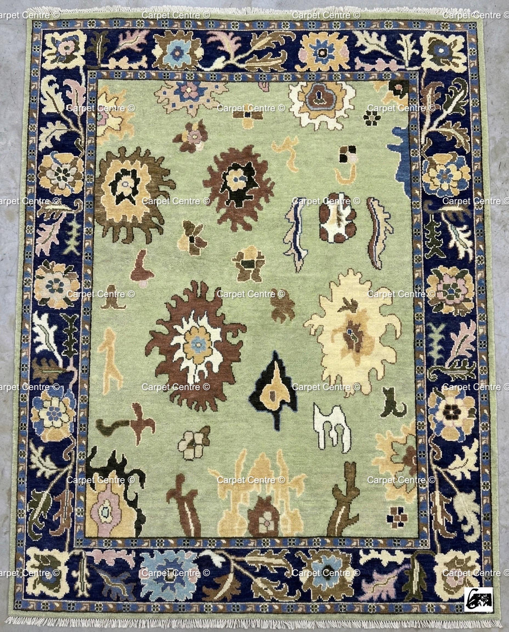 Hand-Knotted Sage Green Oushak Wool Rug, Navy Border, Living Room Decor