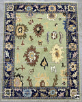 Hand-Knotted Sage Green Oushak Wool Rug, Navy Border, Living Room Decor