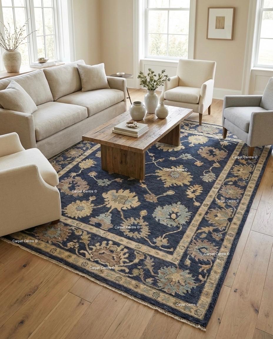 Hand-Knotted Navy Oushak Rug, Wool Floral Turkish Carpet, Traditional Living Room Decor
