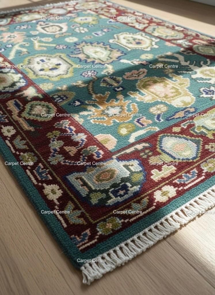 Teal Oushak Rug, Hand-Knotted Wool Area Rug, Red Border