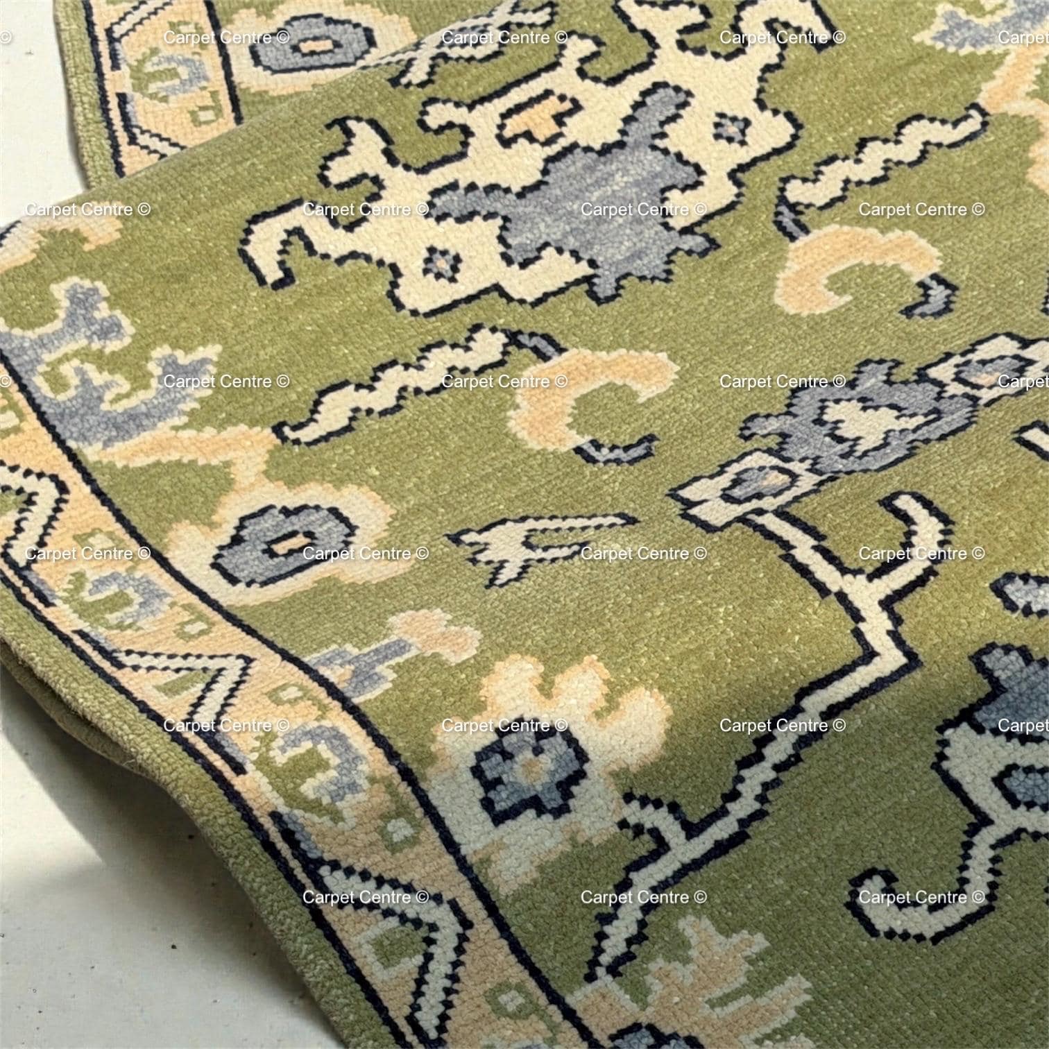 Olive Green Hand Knotted Oushak Wool Runner Rug Turkish Vintage Hallway Entryway Rug