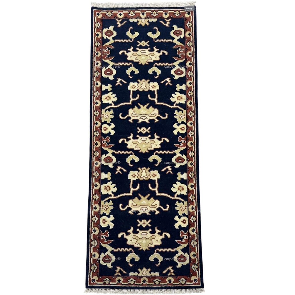 Hand-Knotted Wool Runner Rug, Navy Blue Tribal Design, Traditional Hallway Entryway Carpet