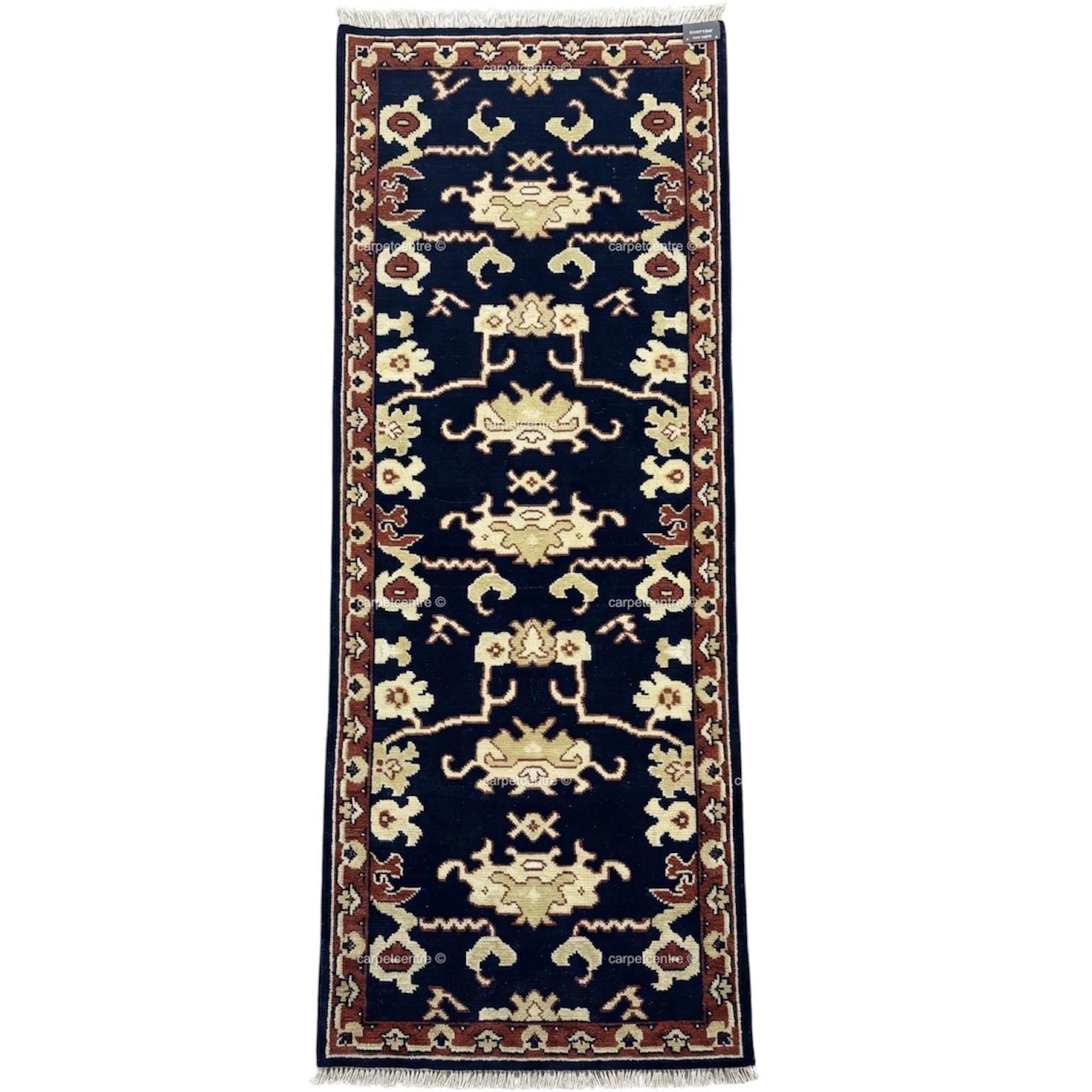 Hand-Knotted Wool Runner Rug, Navy Blue Tribal Design, Traditional Hallway Entryway Carpet