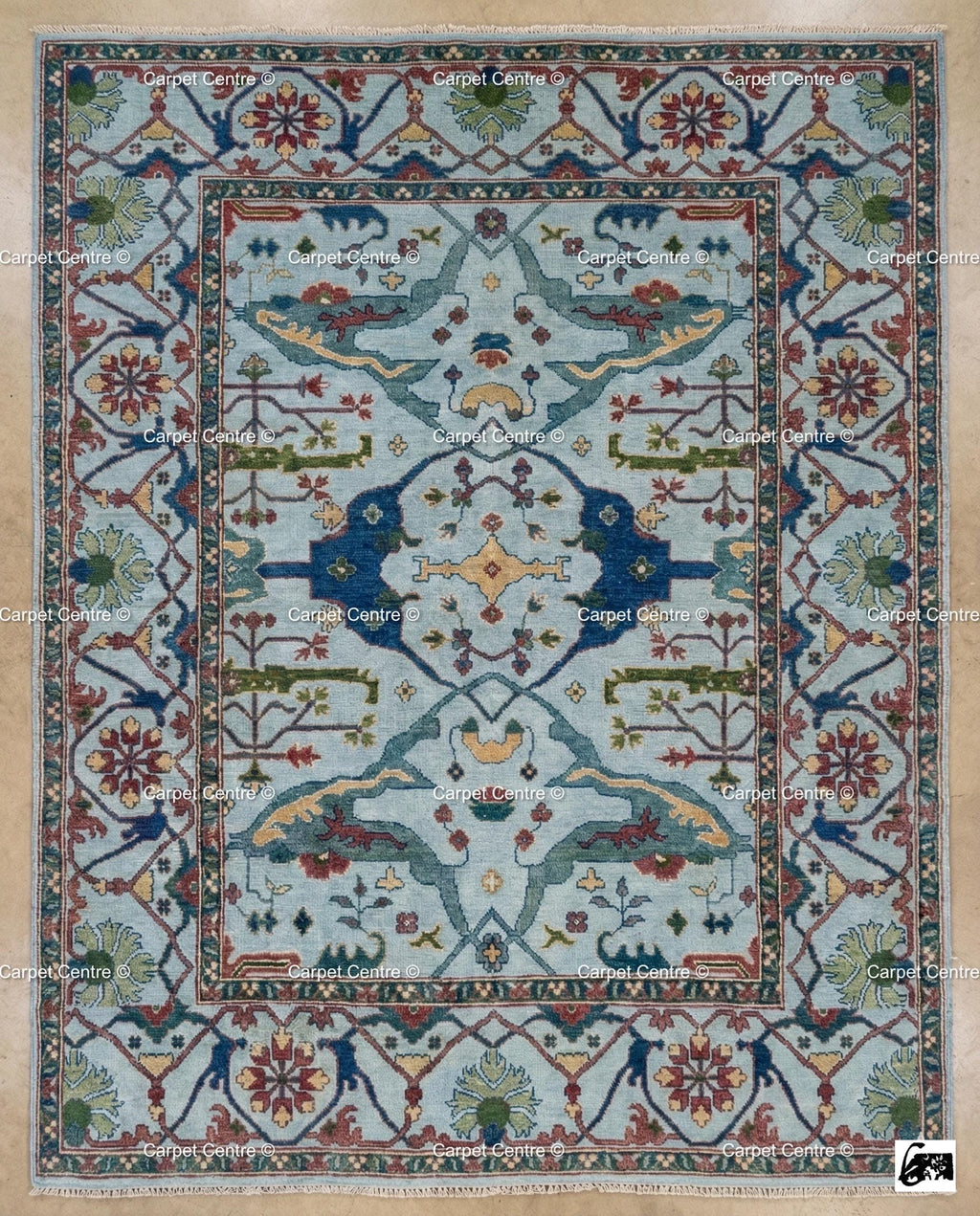 Hand Knotted Wool Oushak Rug, Geometric Serapi Style, Coastal Farmhouse