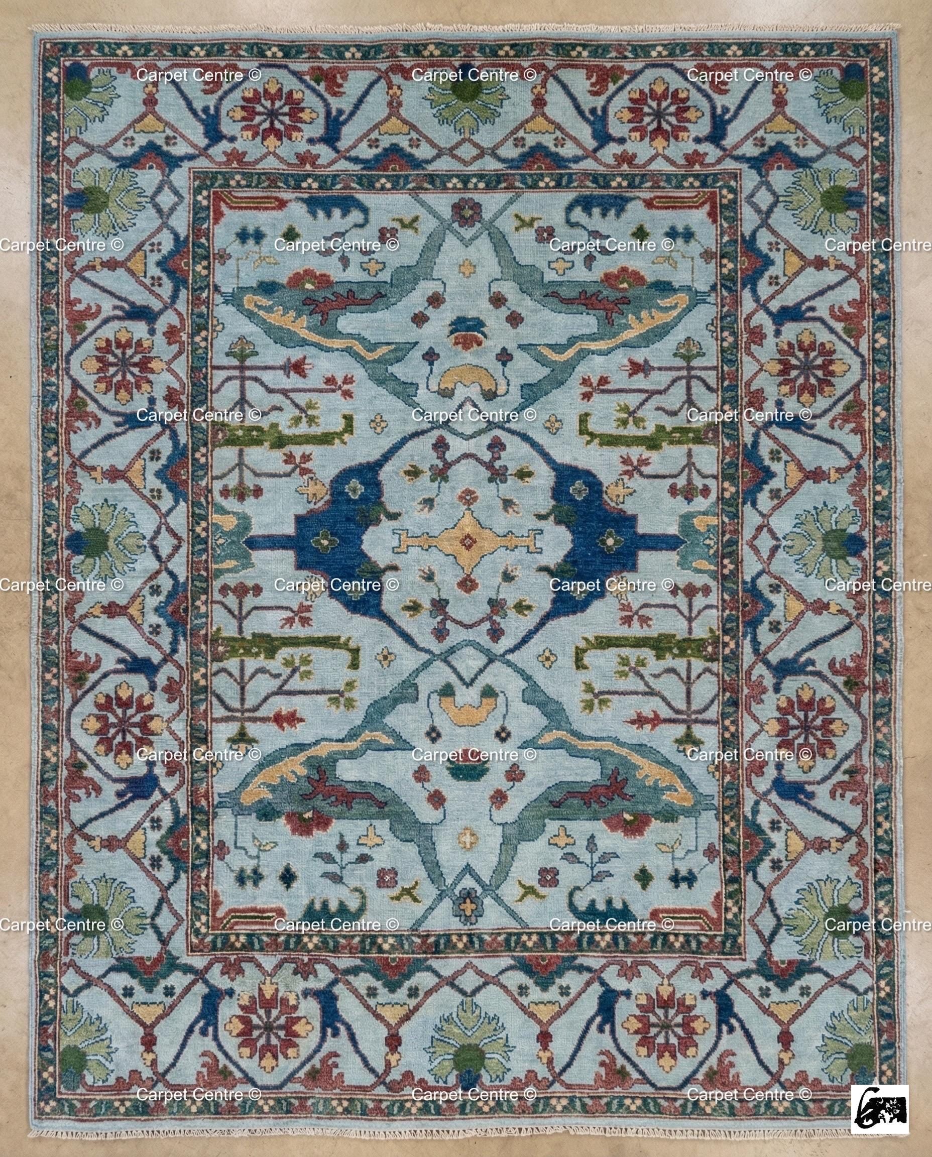 Hand Knotted Wool Oushak Rug, Geometric Serapi Style, Coastal Farmhouse