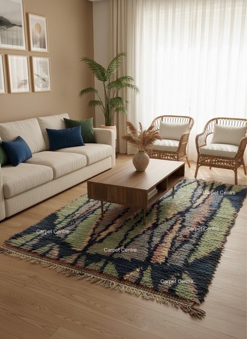 Handmade Moroccan Shag Rug, Navy Blue, Sage Green, Wool Tulu Rug