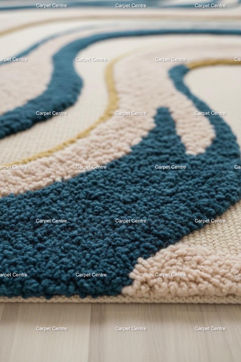 Handmade Teal Wave Wool Rug: Abstract Sculpted Texture