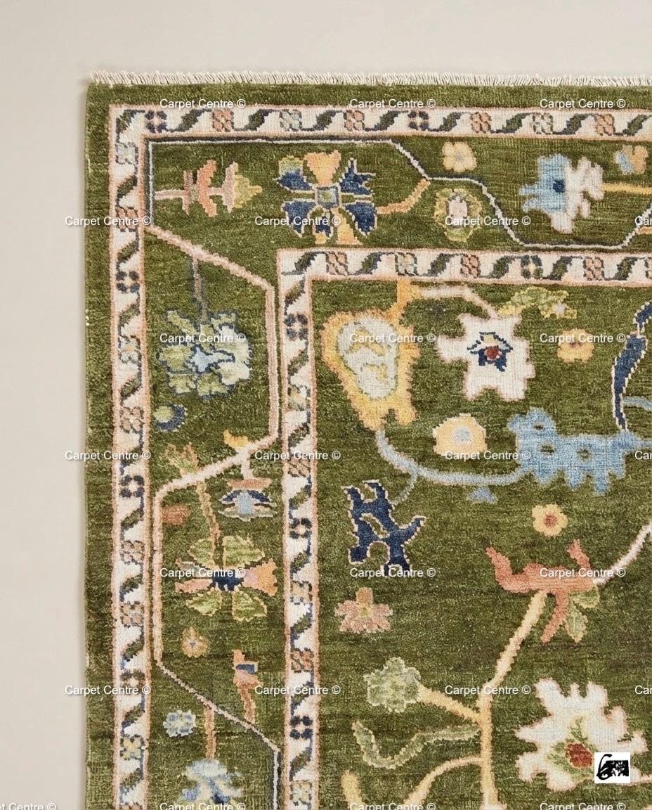 Hand-Knotted Wool Oushak Rug, Olive Green Arts & Crafts Style