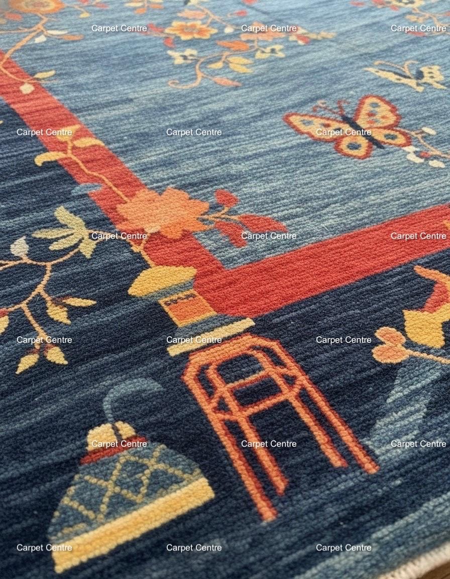Hand-Knotted Oushak Wool Rug | Blue & Red Chinoiserie Floral Design