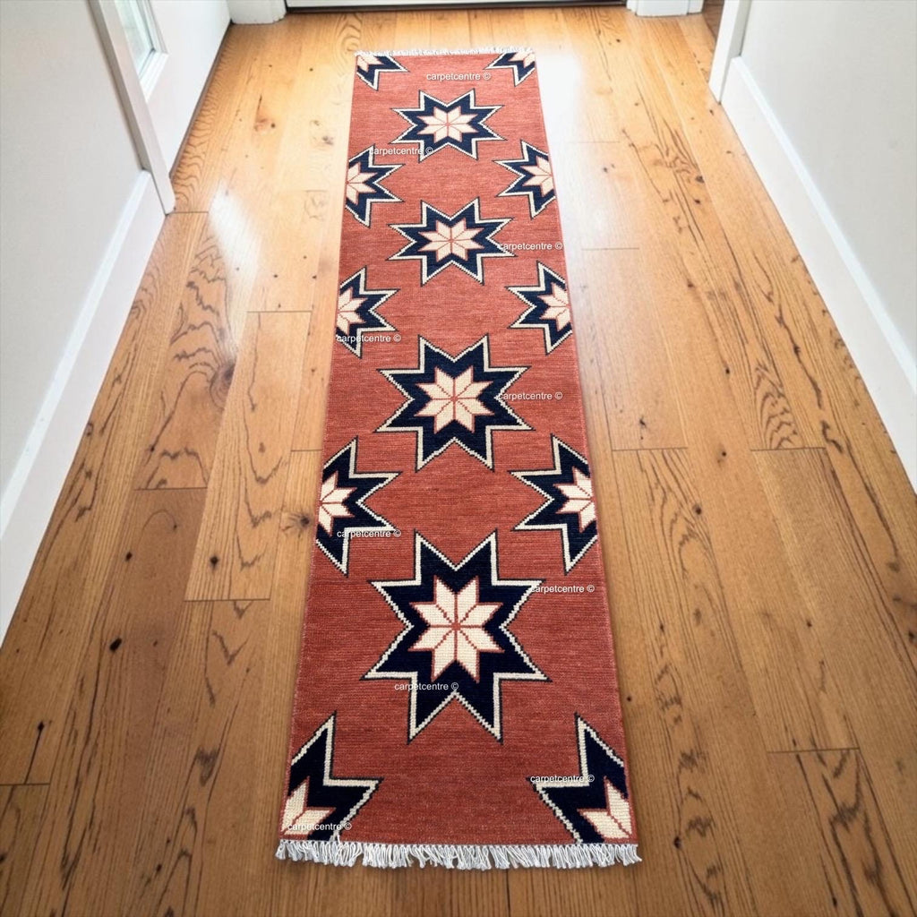 Terracotta Star Oushak Runner Rug | Geometric Navy Boho Hallway Entryway Rug