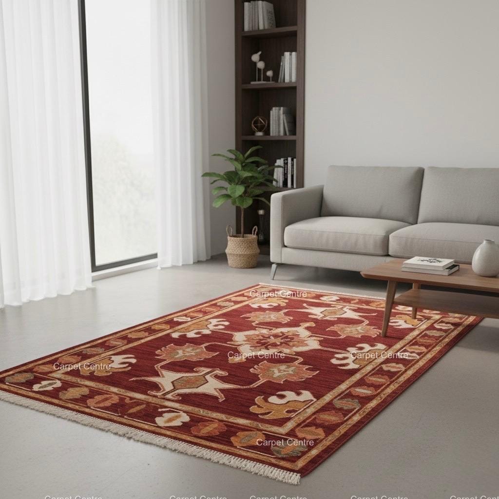 Handwoven Burgundy Oushak Wool Rug: Medallion Floral Design