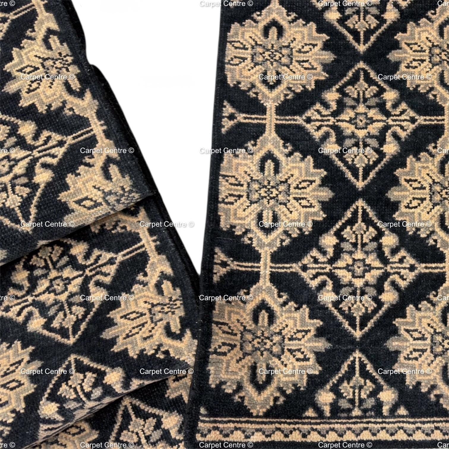 Hand-Knotted Oushak Wool Runner Rug, Black Geometric Design Hallway Entryway Carpet
