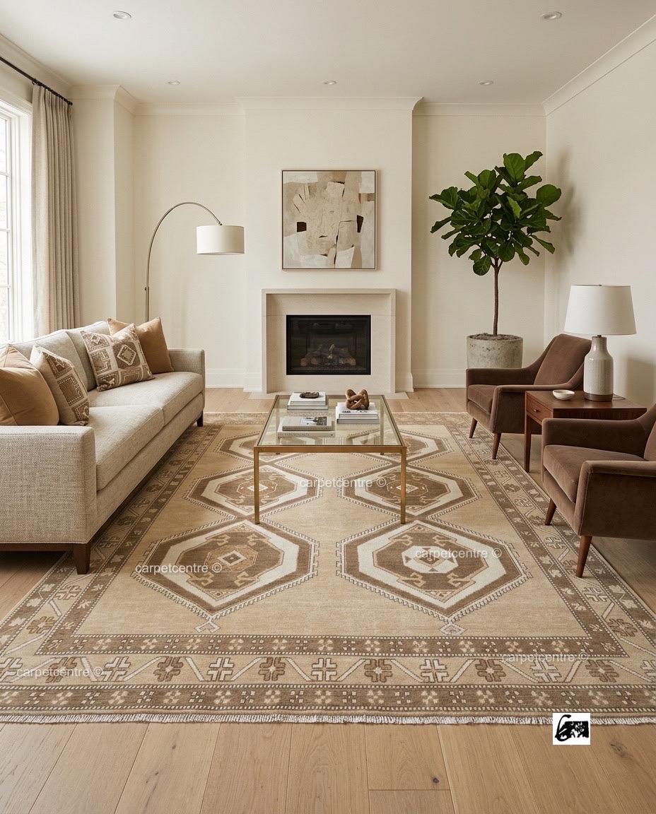 Handknotted Oushak Rug | Neutral Beige Wool Turkish Tribal Carpet
