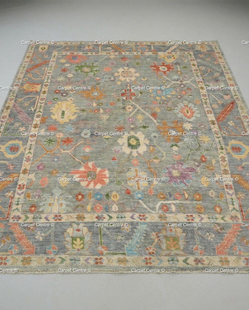 Hand Knotted Wool Oushak Rug, Slate Grey Floral Carpet