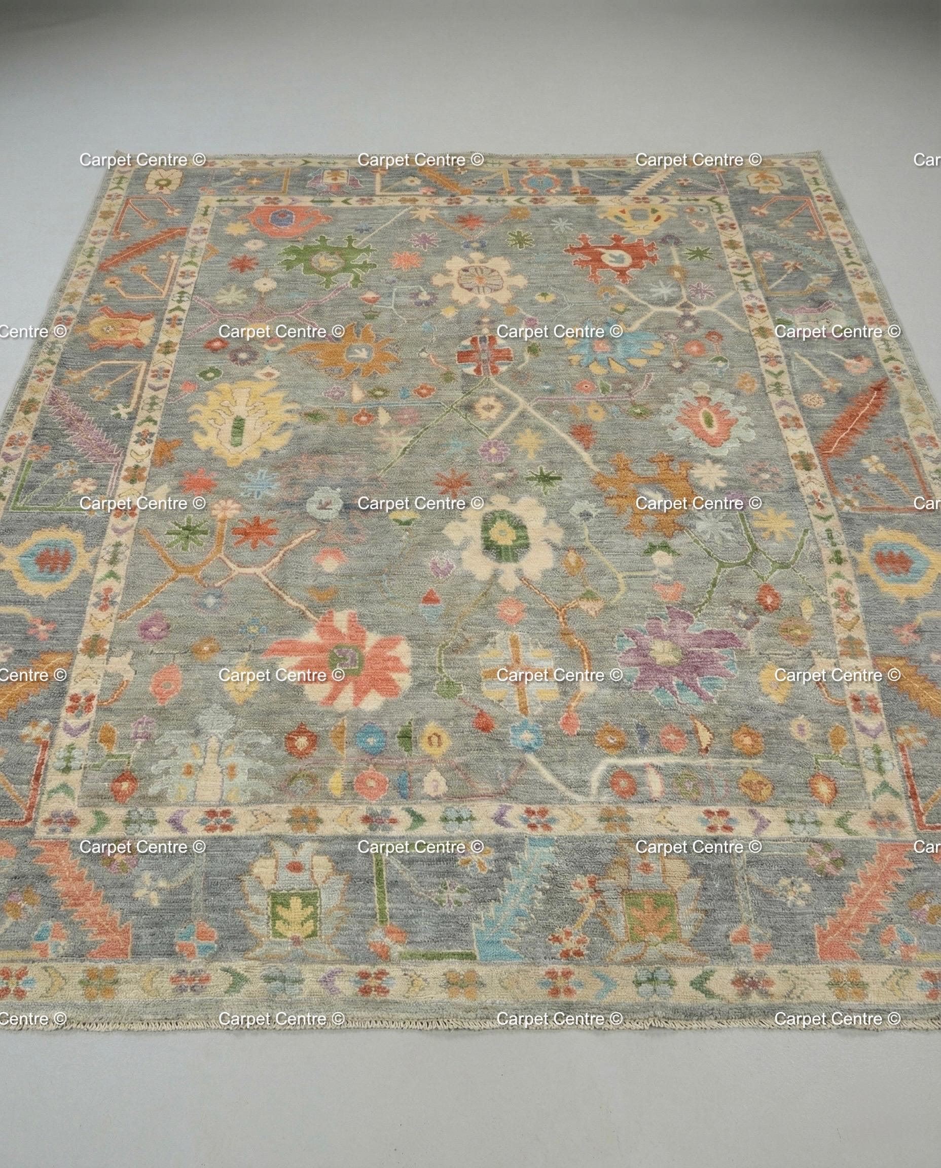 Hand Knotted Wool Oushak Rug, Slate Grey Floral Carpet