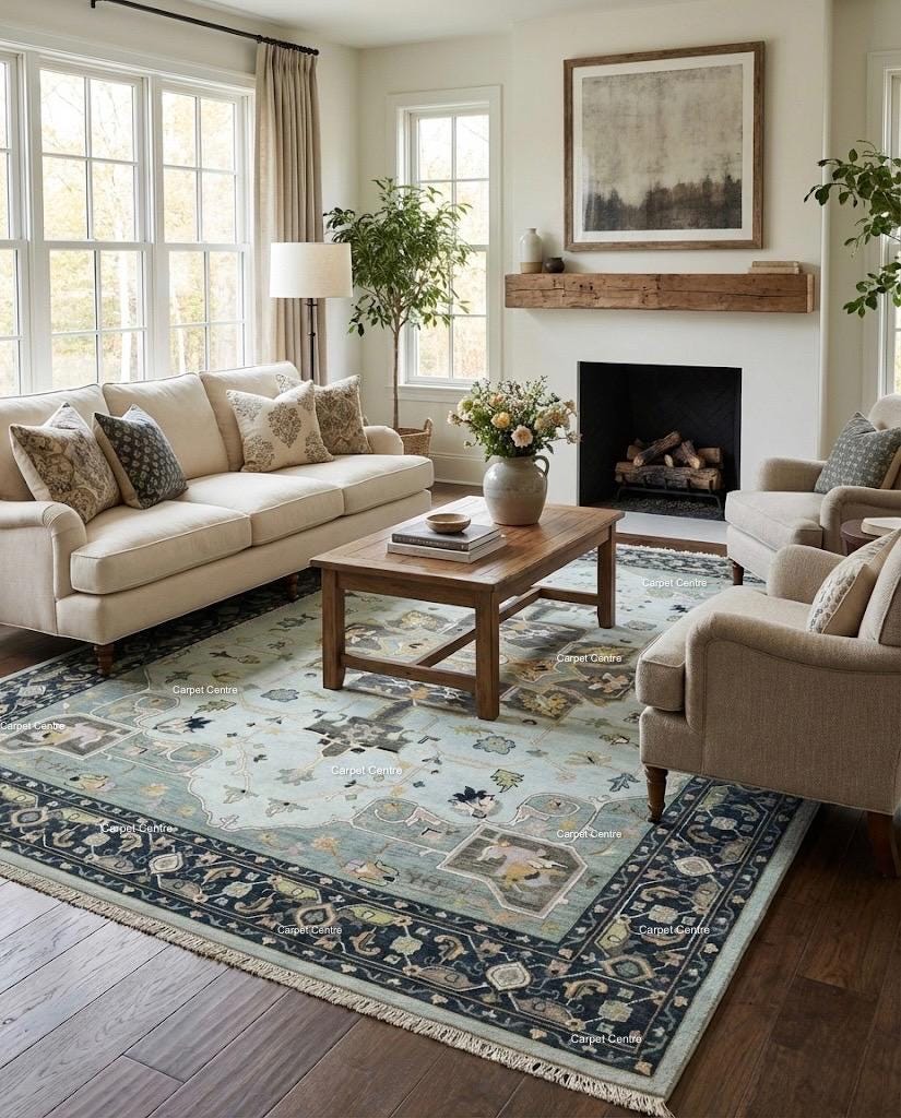 Hand Knotted Oushak Wool Rug, Aqua Navy Geometric Serapi Style
