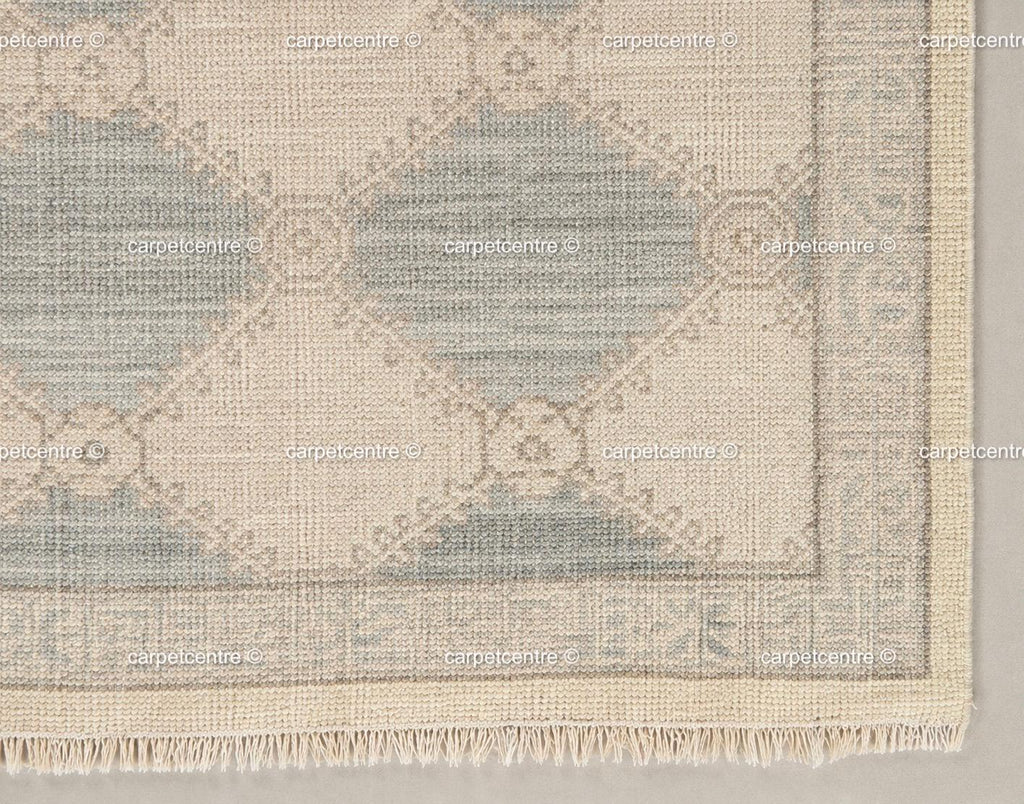 Muted Blue Oushak Rug, Hand-Knotted Wool Geometric Diamond Area Rug