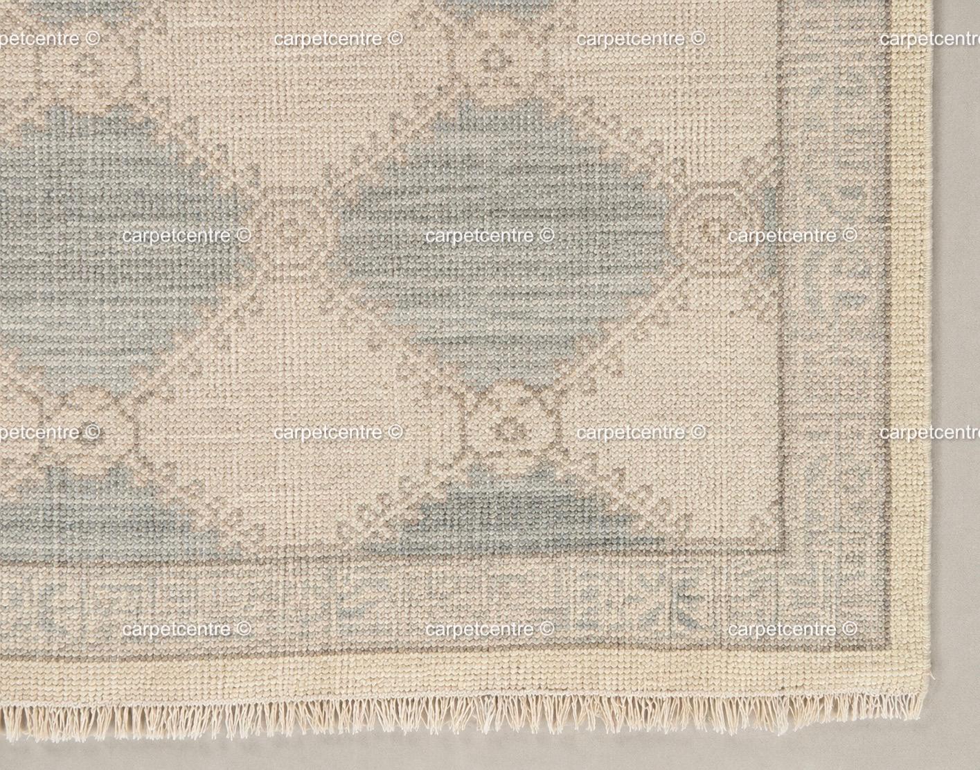 Muted Blue Oushak Rug, Hand-Knotted Wool Geometric Diamond Area Rug