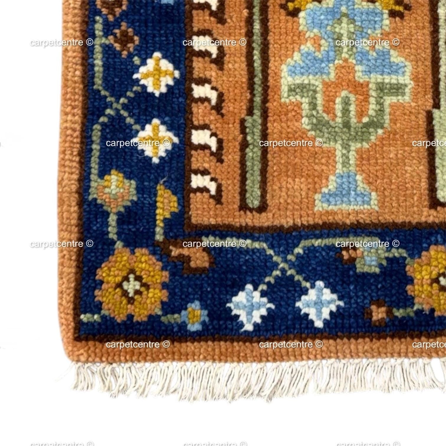 Hand-Knotted Wool Oushak Runner, Terracotta Tree of Life, Navy Border Hallway Rug
