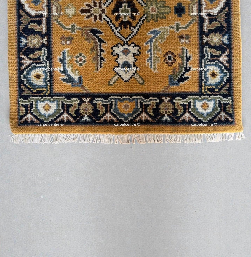 Yellow Oushak Hand-Knotted Wool Runner, Traditional Persian Style Navy Border Rug