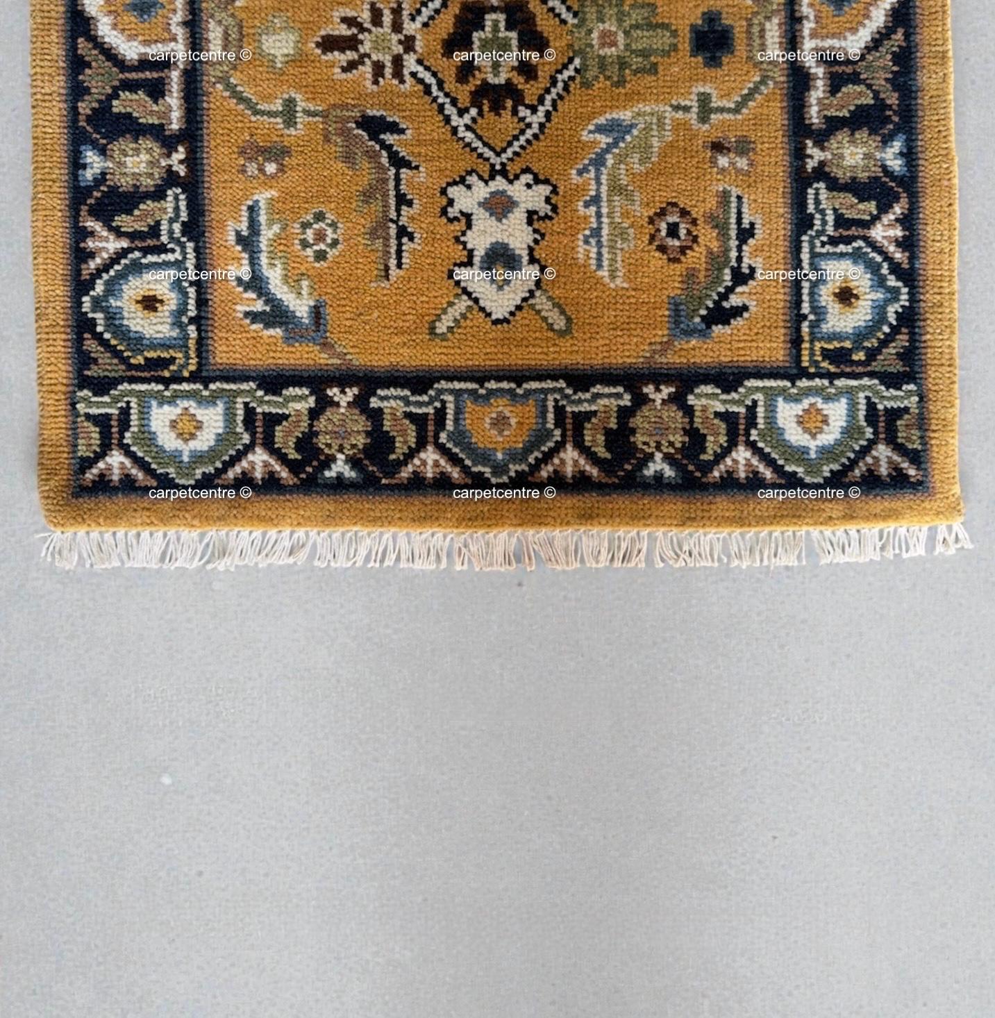 Yellow Oushak Hand-Knotted Wool Runner, Traditional Persian Style Navy Border Rug