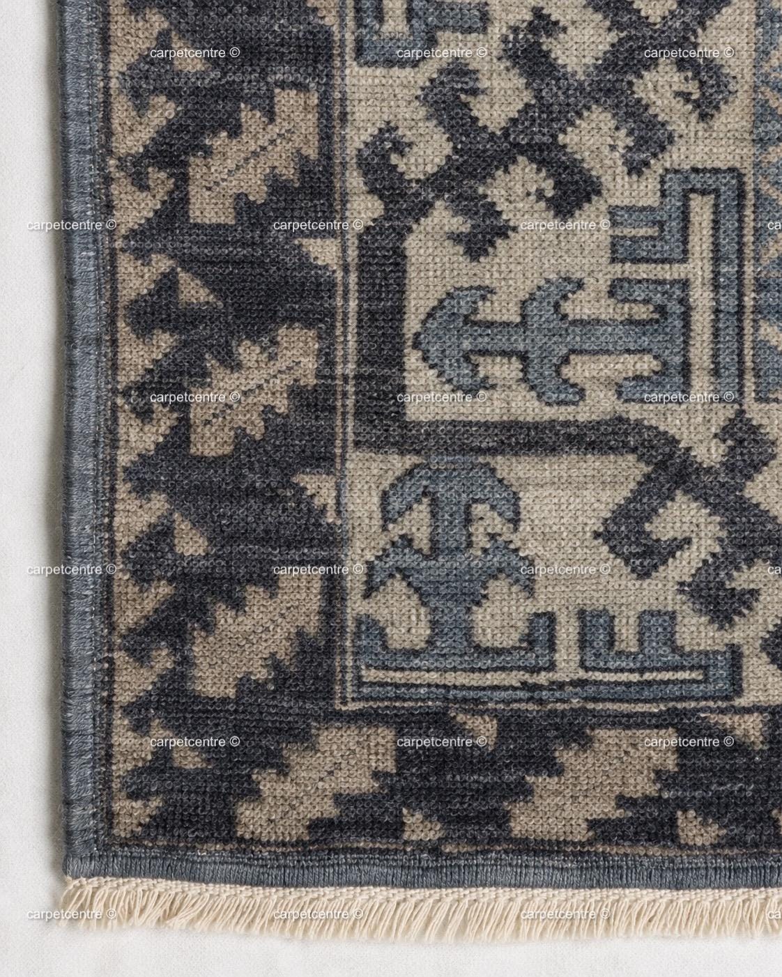 Hand Knotted Oushak Rug: Blue Tribal Wool, Turkish Design, Living Room Area Carpet