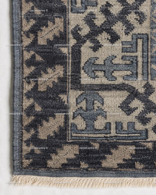 Hand Knotted Oushak Rug: Blue Tribal Wool, Turkish Design, Living Room Area Carpet