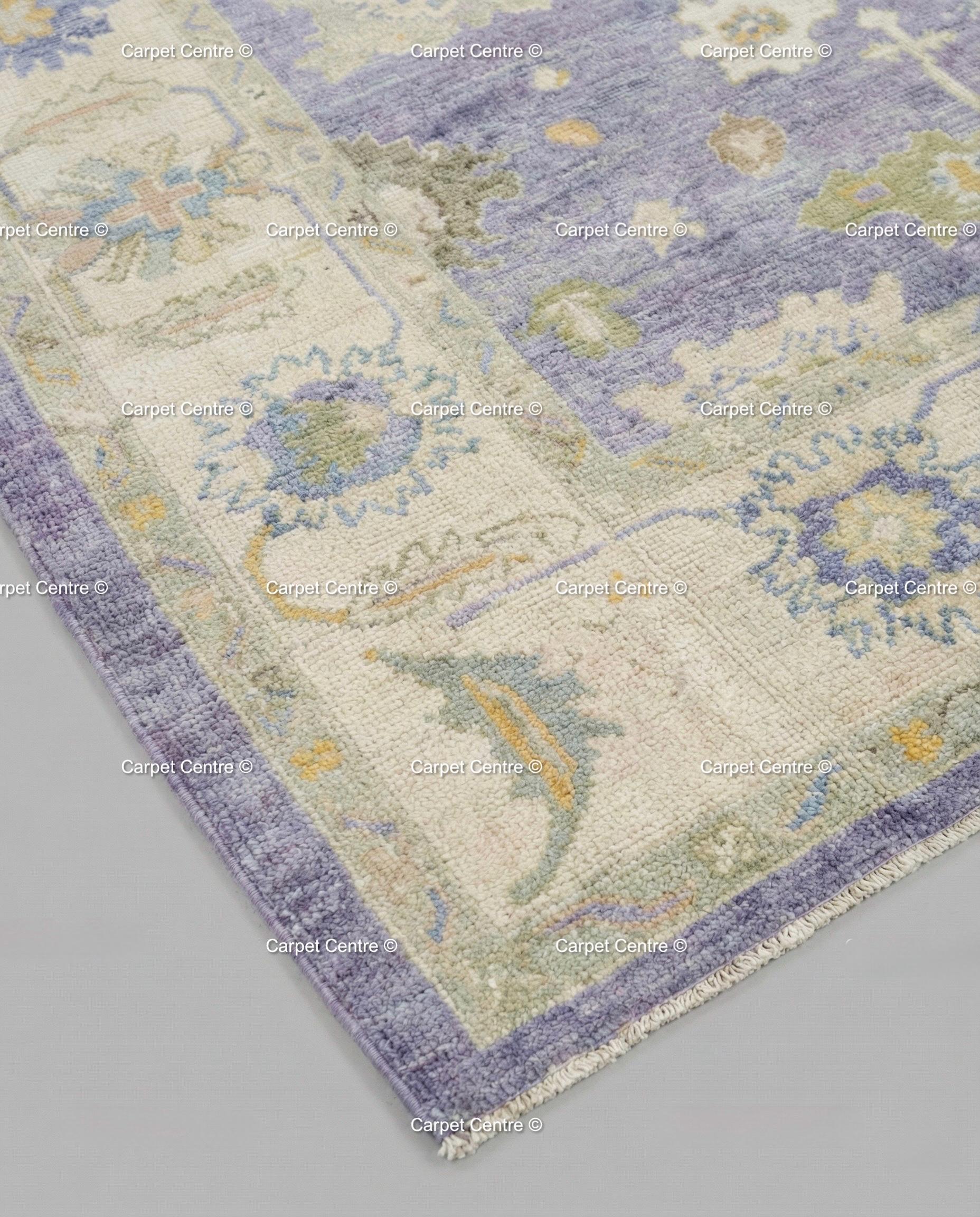 Hand-Knotted Wool Oushak Rug, Lavender Floral, Vintage Style