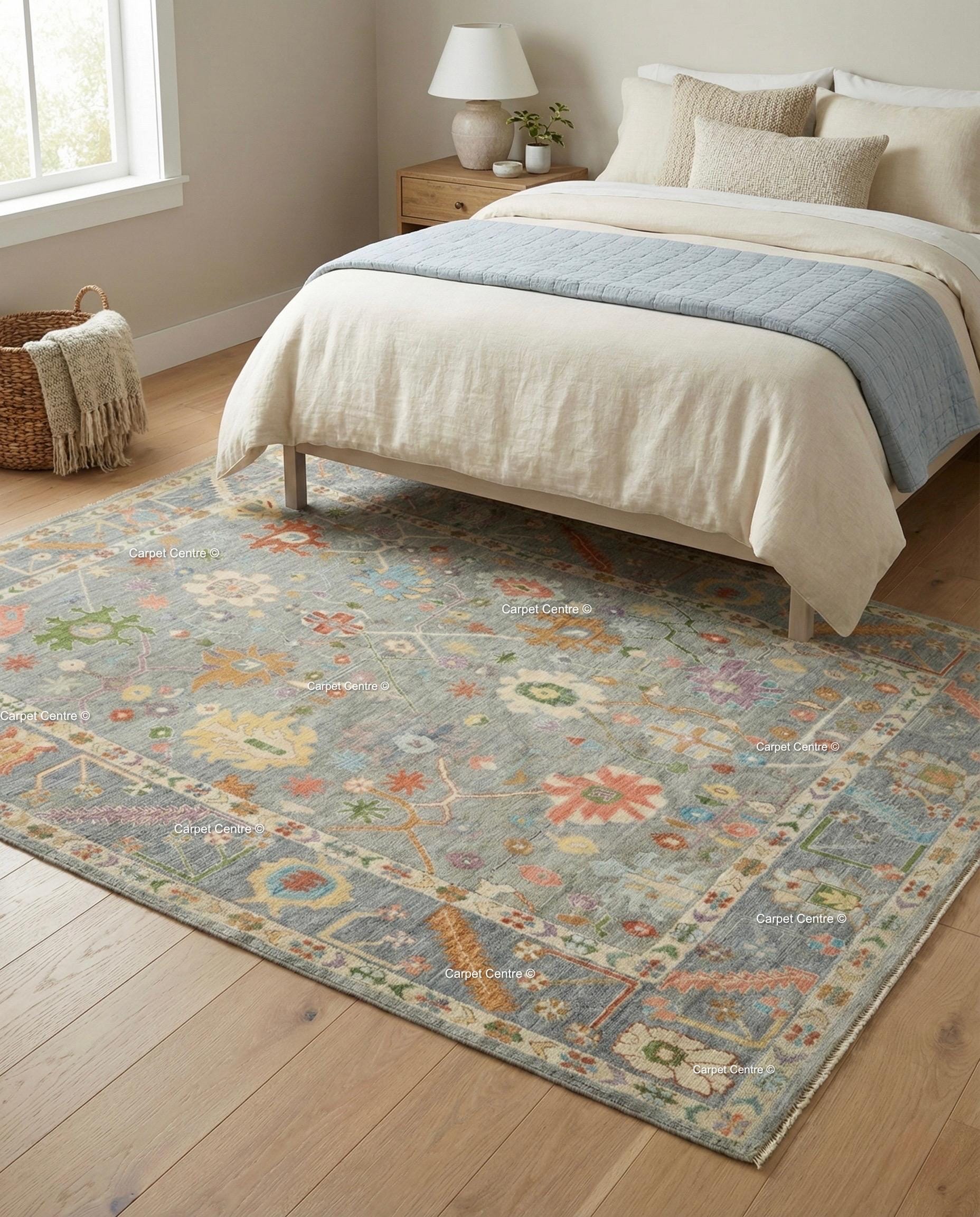 Hand Knotted Wool Oushak Rug, Slate Grey Floral Carpet