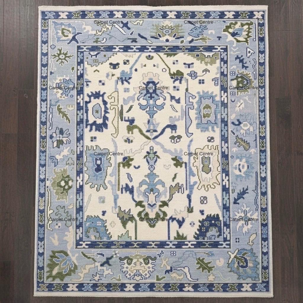 Hand-Knotted Wool Area Rug: Ivory & Blue Oushak Medallion Design