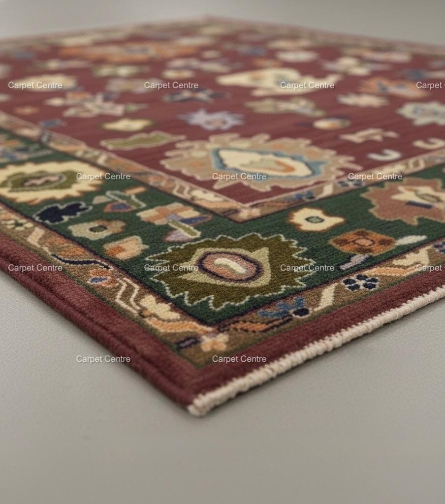 Maroon Oushak Rug, Hand-Knotted Wool Rug, Red and Green, 8x10