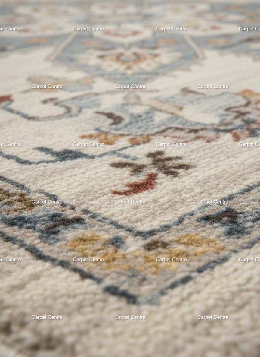Hand-Knotted Wool Oushak Rug, Beige & Blue Medallion, Persian Style