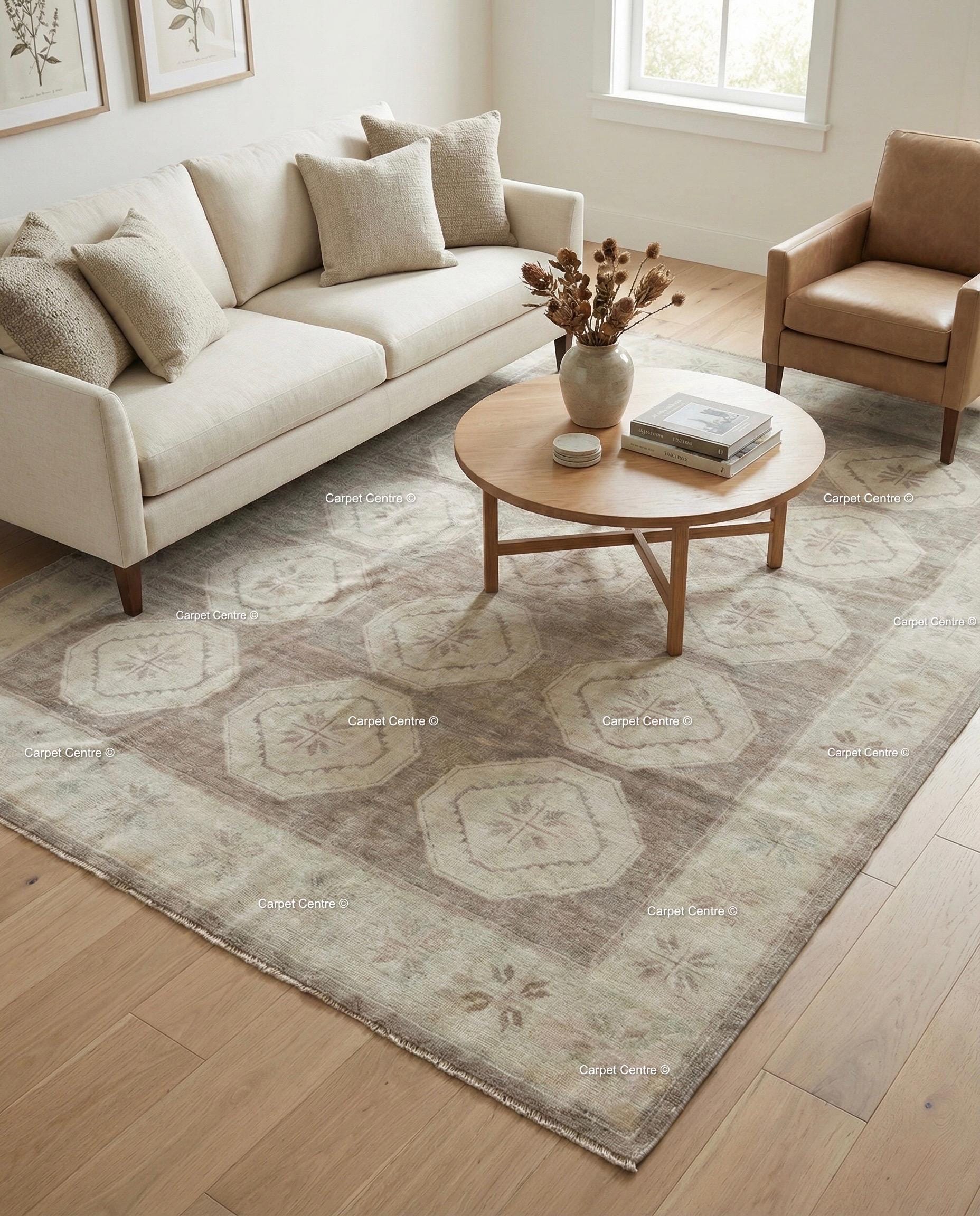 Neutral Geometric Oushak Rug | Hand-Knotted Wool Turkish Knot