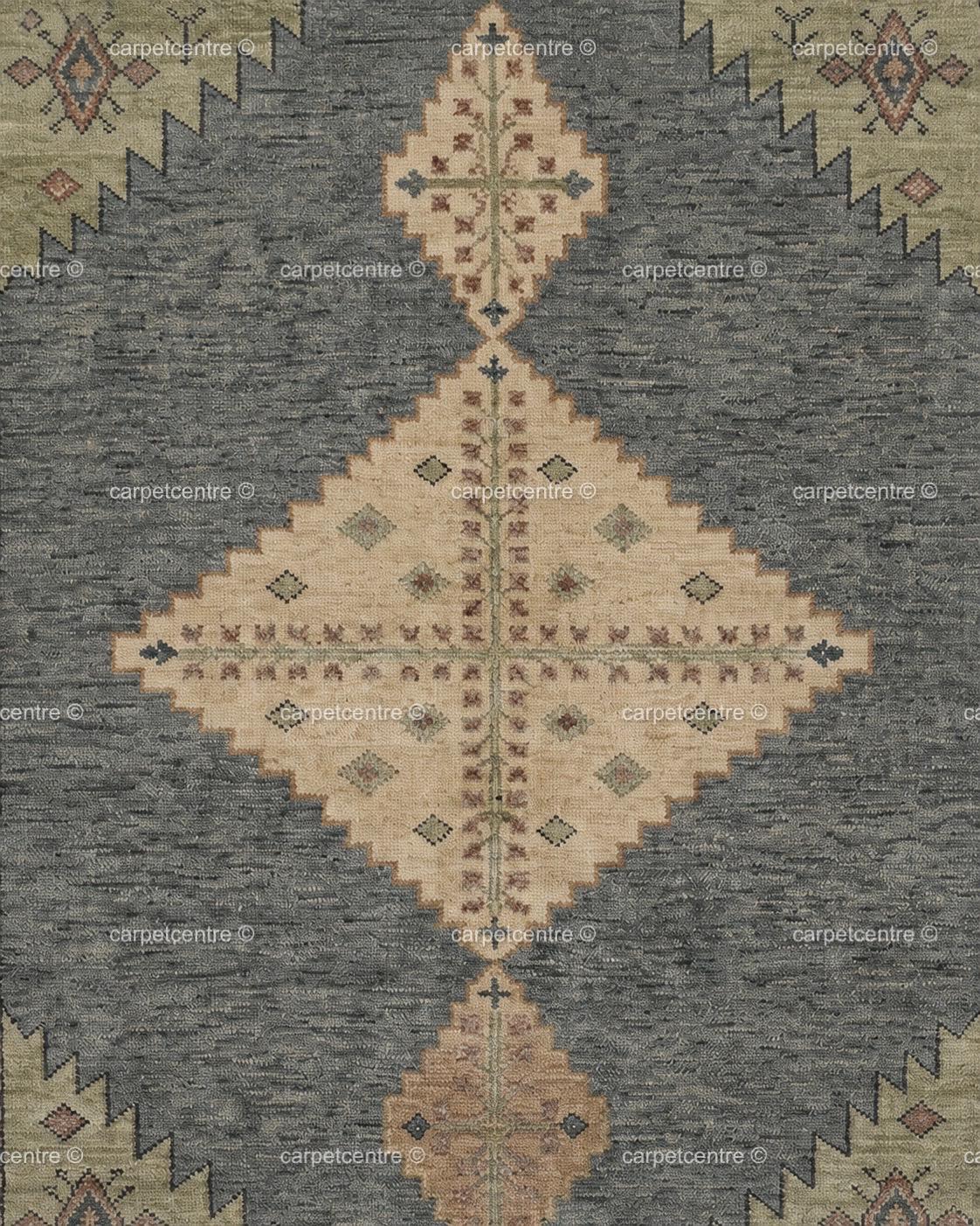 Hand Knotted Oushak Rug: Slate Blue Geometric Wool Area Rug (8x10, 9x12)