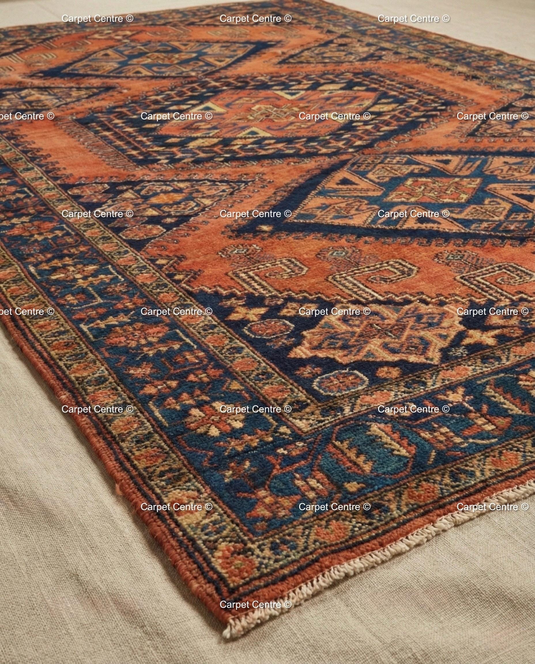 Terracotta Oushak Wool Rug, Rust Orange & Navy Blue, Hand Knotted