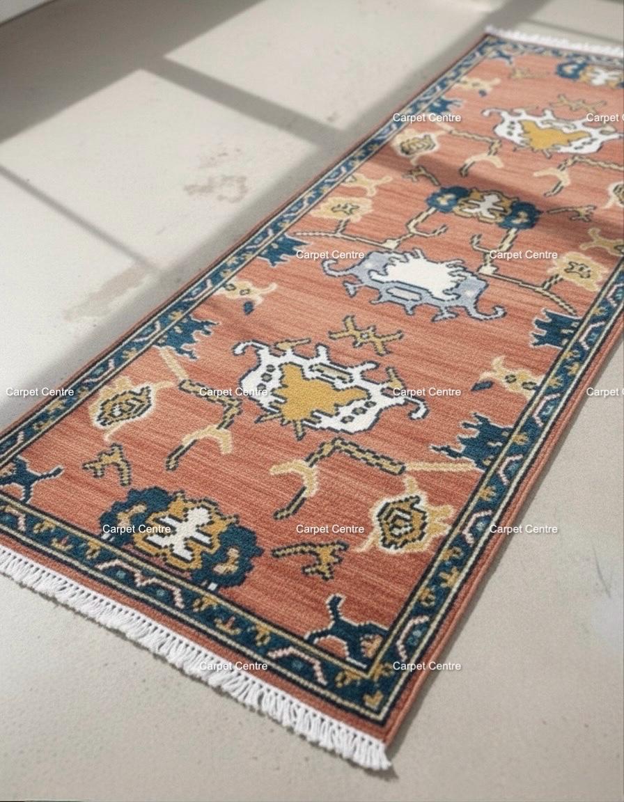 Hand-Knotted Wool Runner Rug, Terracotta Oushak Style, Teal Border
